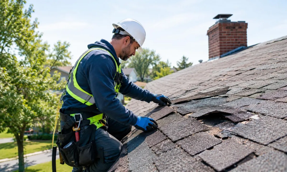 A roofer in a hard hat and safety harness inspecting damaged and missing asphalt shingles on a residential roof.