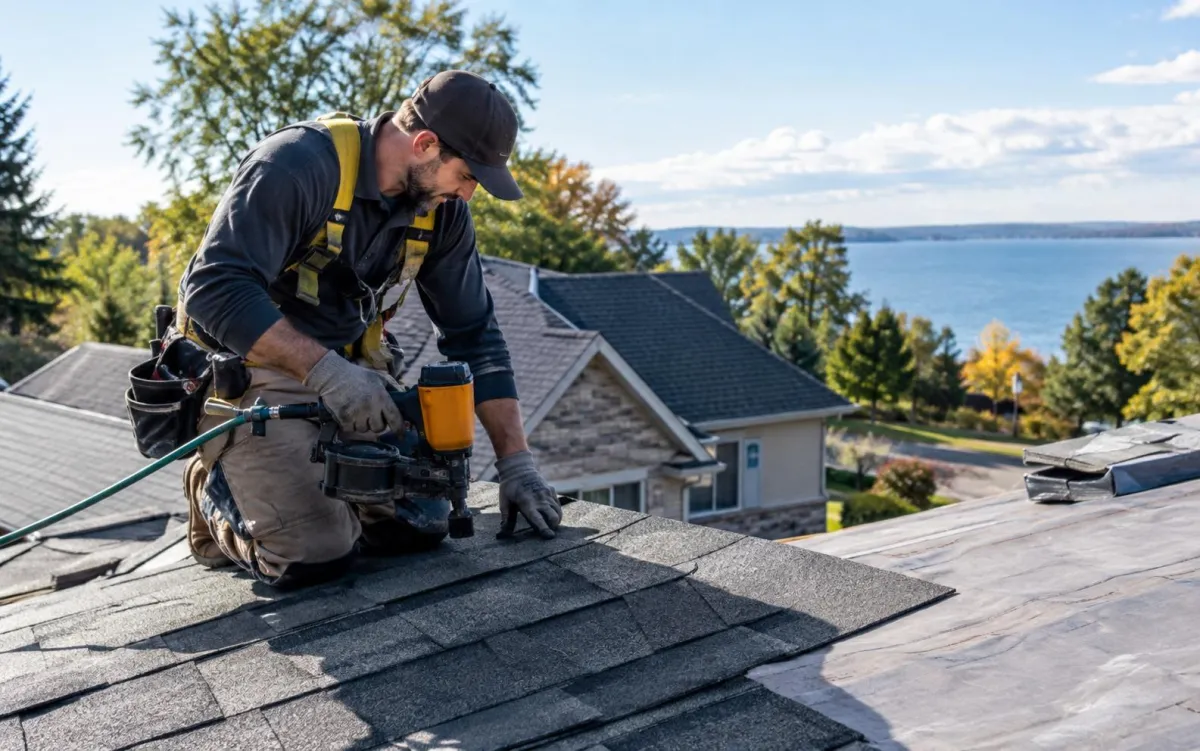 A roofer wearing safety gear uses a nail gun to install asphalt shingles on a residential roof.
