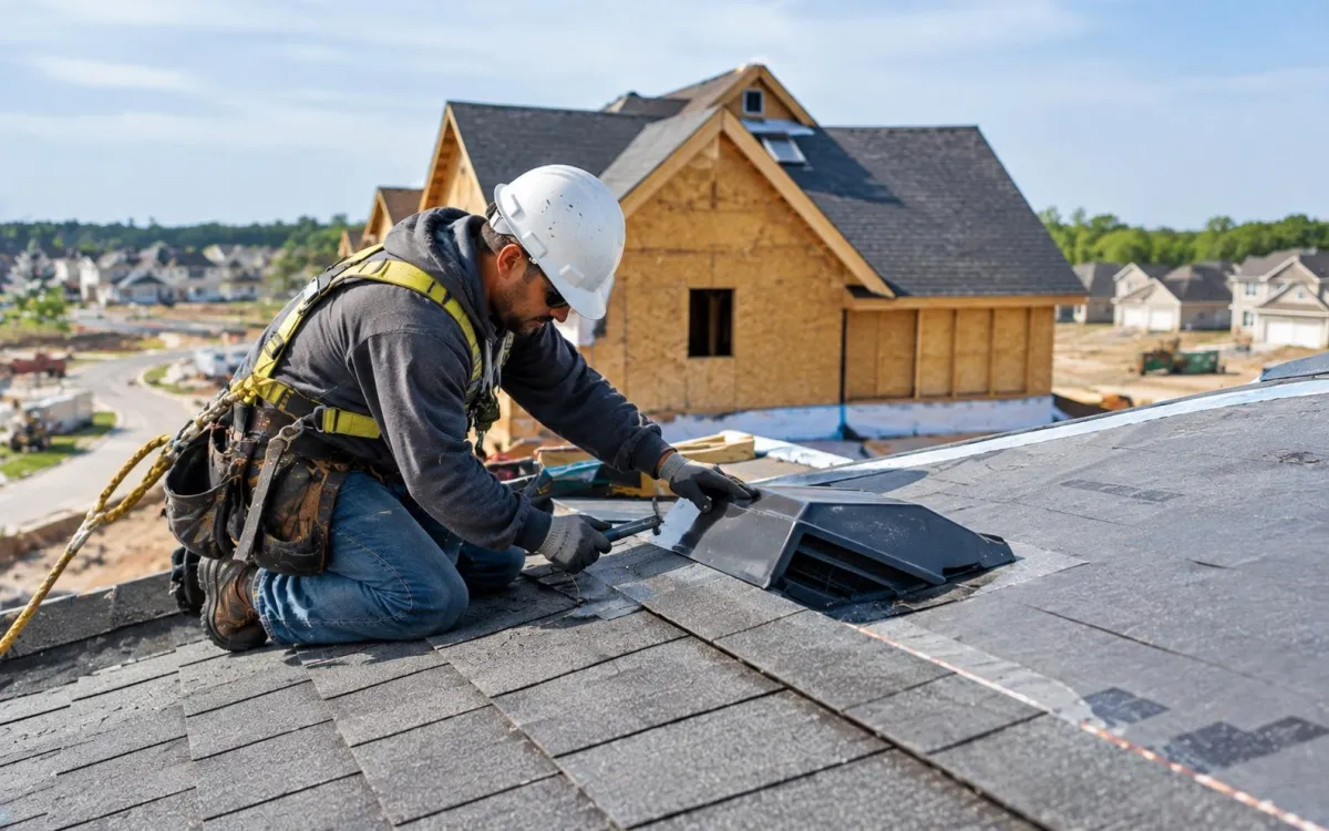 A construction worker wearing a white hard hat and safety harness kneeling on a rooftop while installing a roof vent in a new residential development.