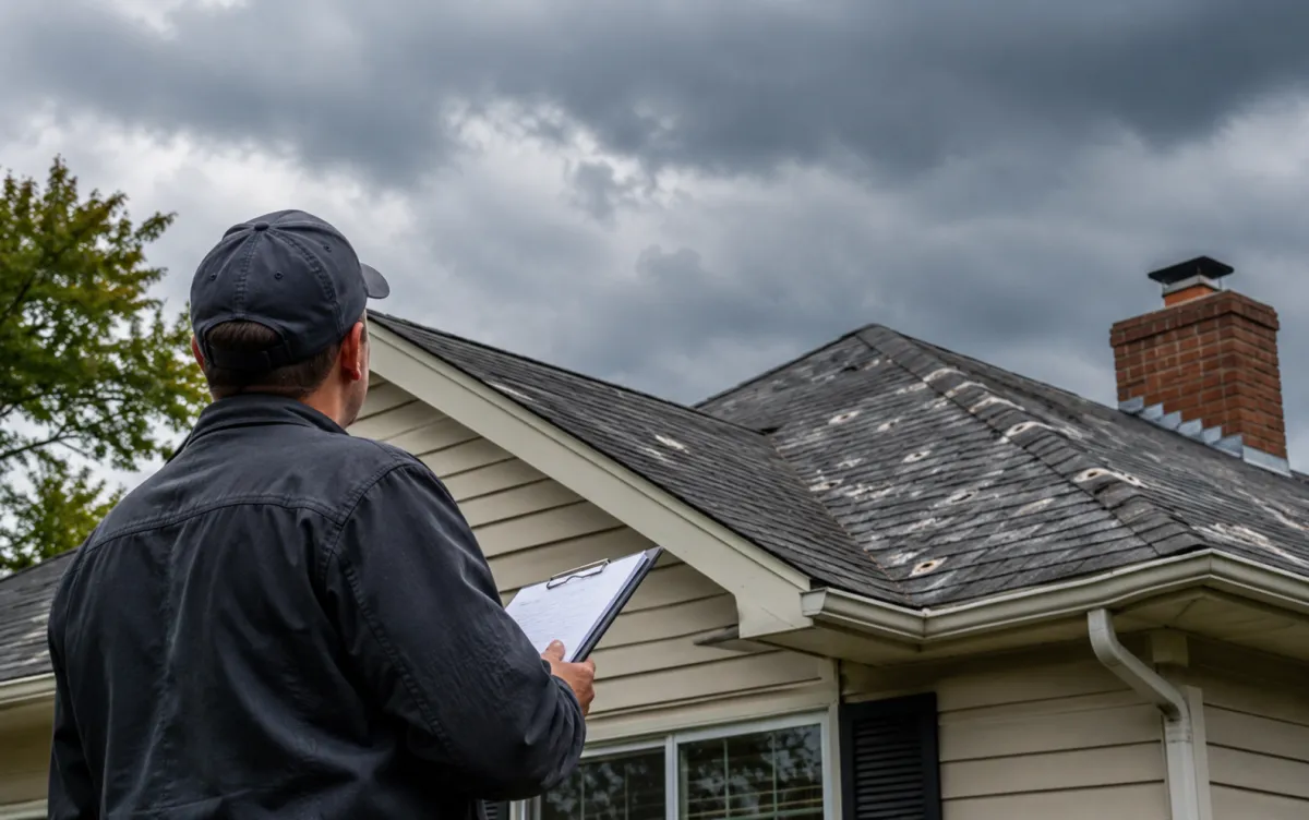 Roof inspector examining hail damage on a residential roof in Oakland County, Michigan