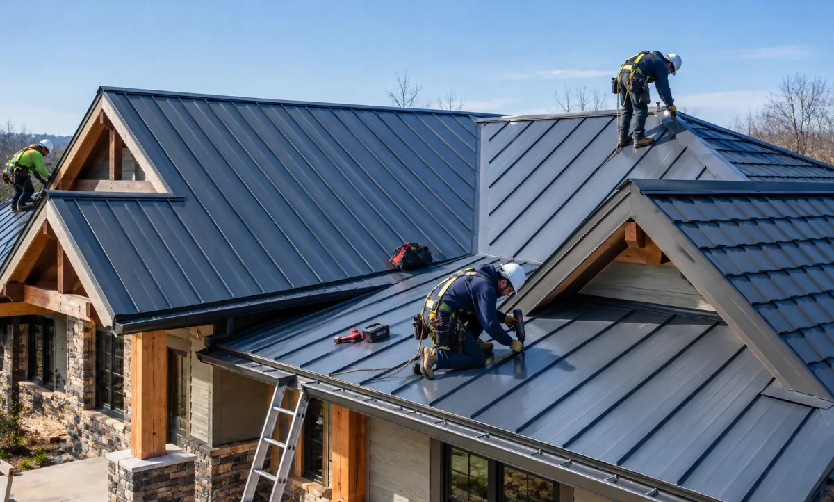 Professional roofers installing standing seam, corrugated, and metal shingles on a residential metal roof in Michigan