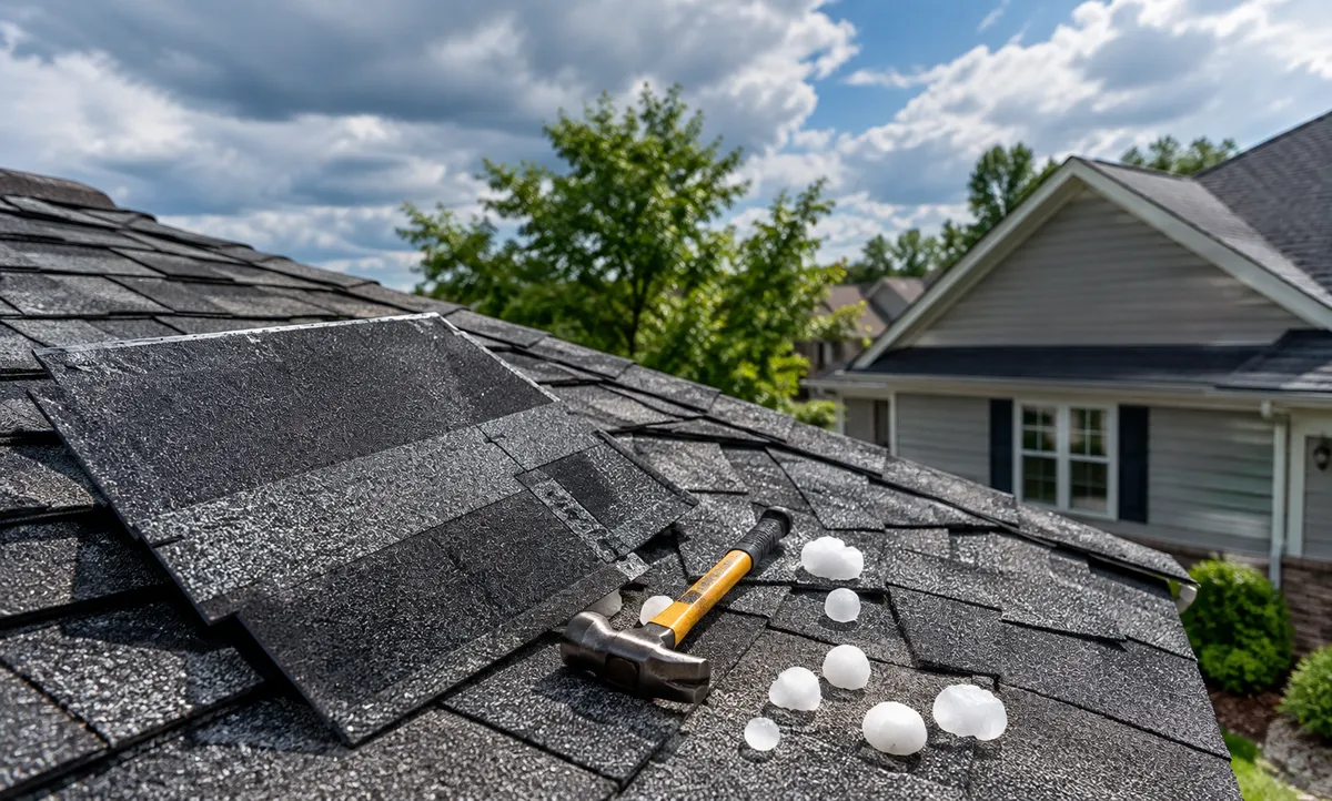Class 4 impact-resistant asphalt shingles on a Michigan home roof with hailstones and a roofing hammer after a storm.