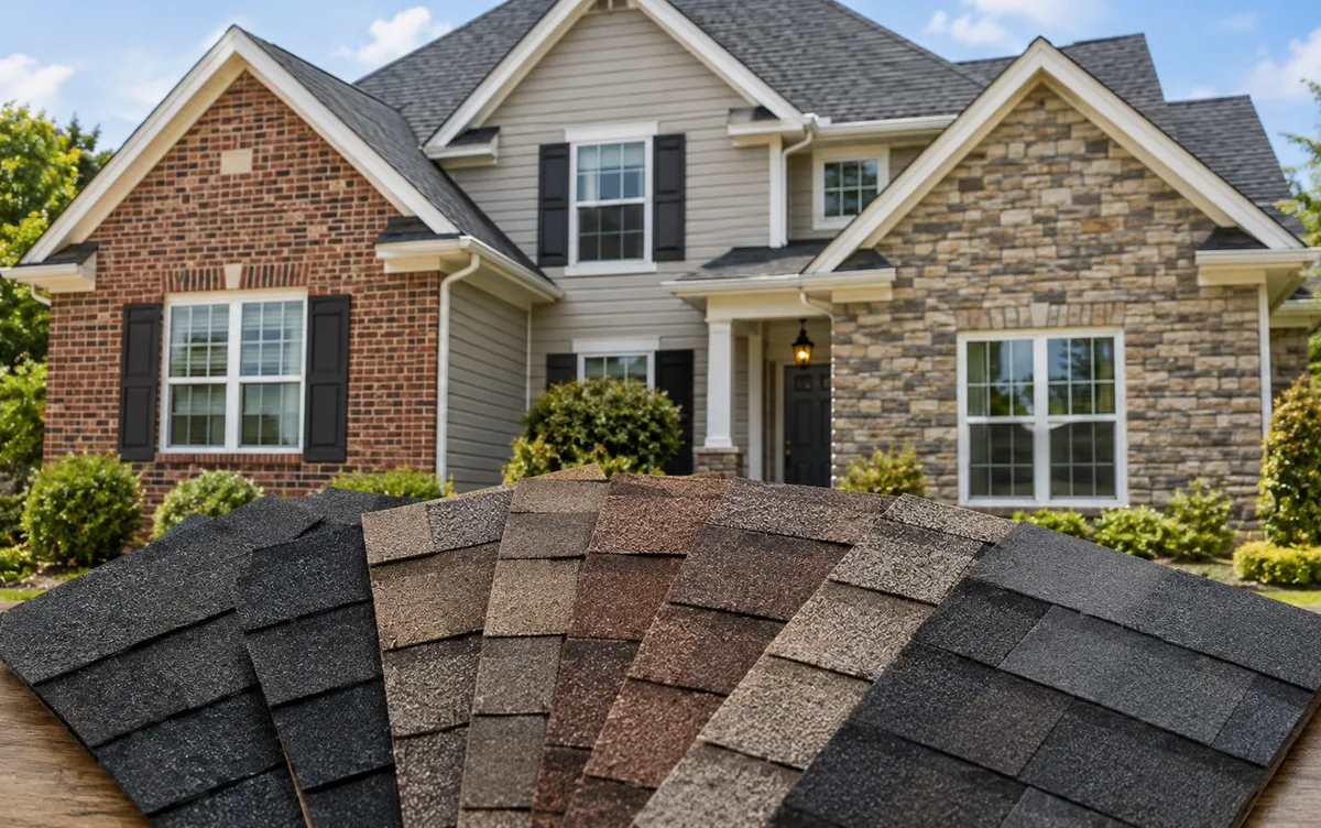 House with brick, siding, and stone exteriors featuring a dark gray shingle roof alongside roofing samples in charcoal, brown, and gray tones.