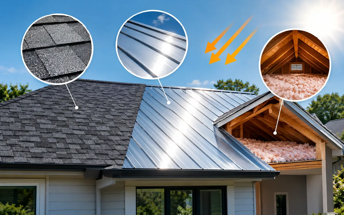 Energy-efficient roofing with cool asphalt shingles, reflective metal panels, and insulated attic to reduce heat buildup.