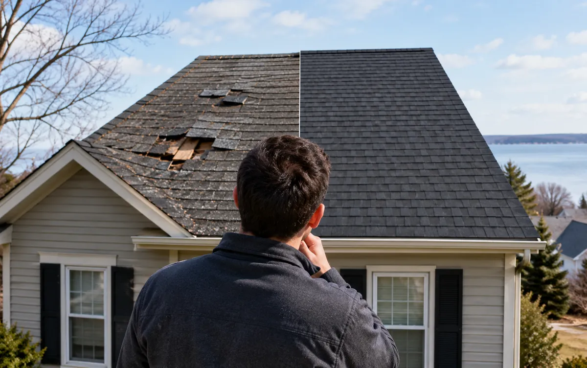 Roofer comparing a repaired shingle patch with older shingles to decide on roof repair vs replacement in Michigan