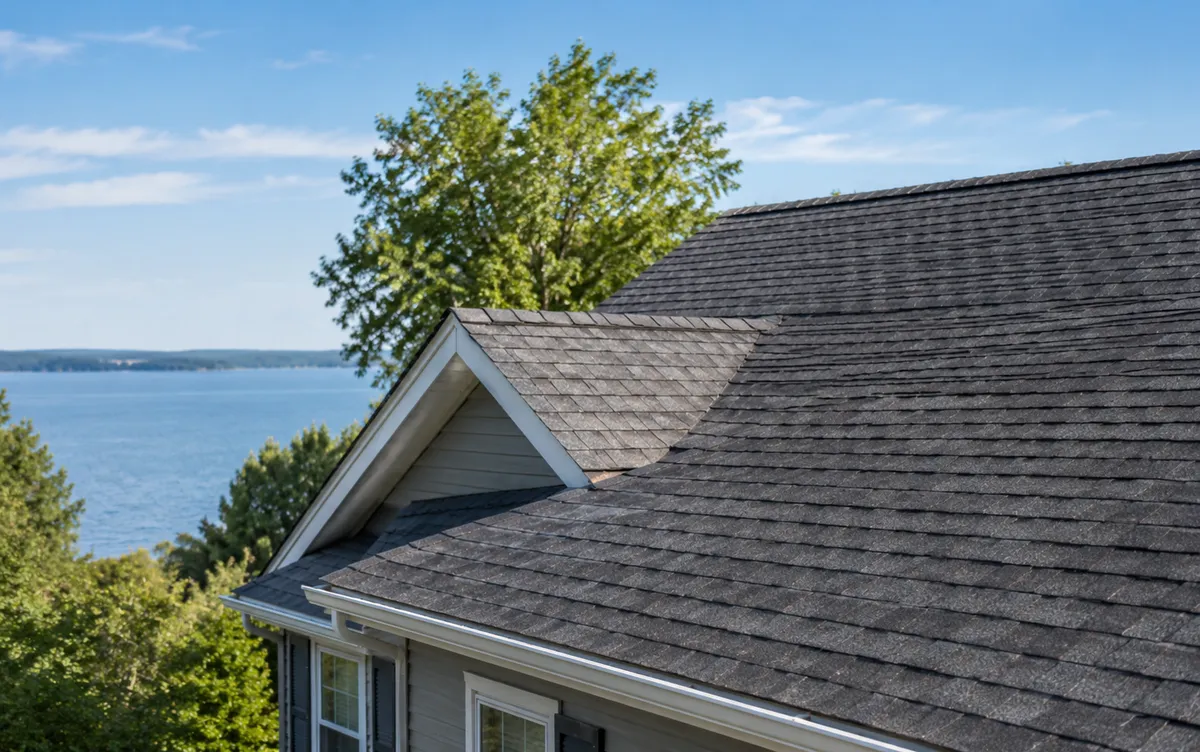 Dark gray shingle roof on a Michigan home with a scenic lake and trees in the background.
