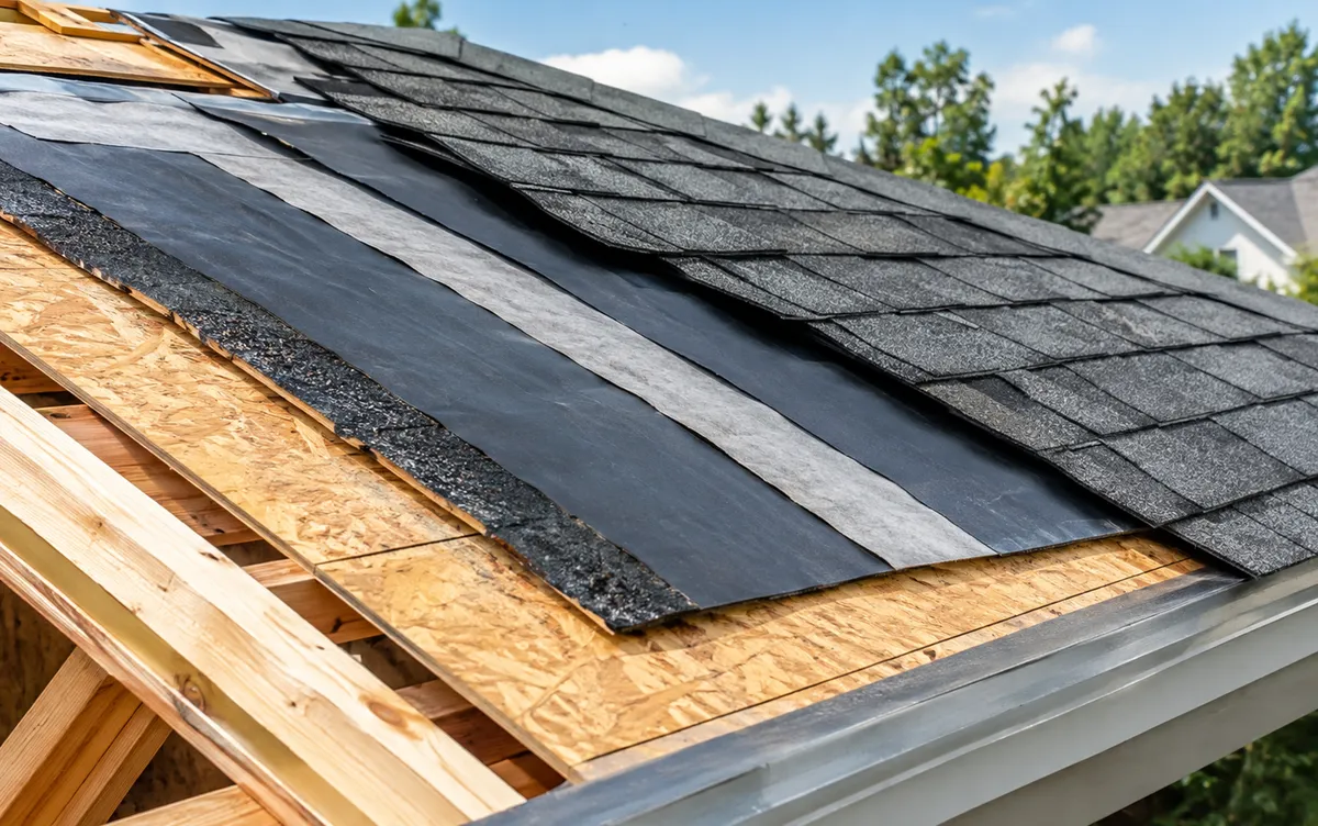 Roof installation showing asphalt shingles, underlayment, and exposed wooden roof decking on a residential home.