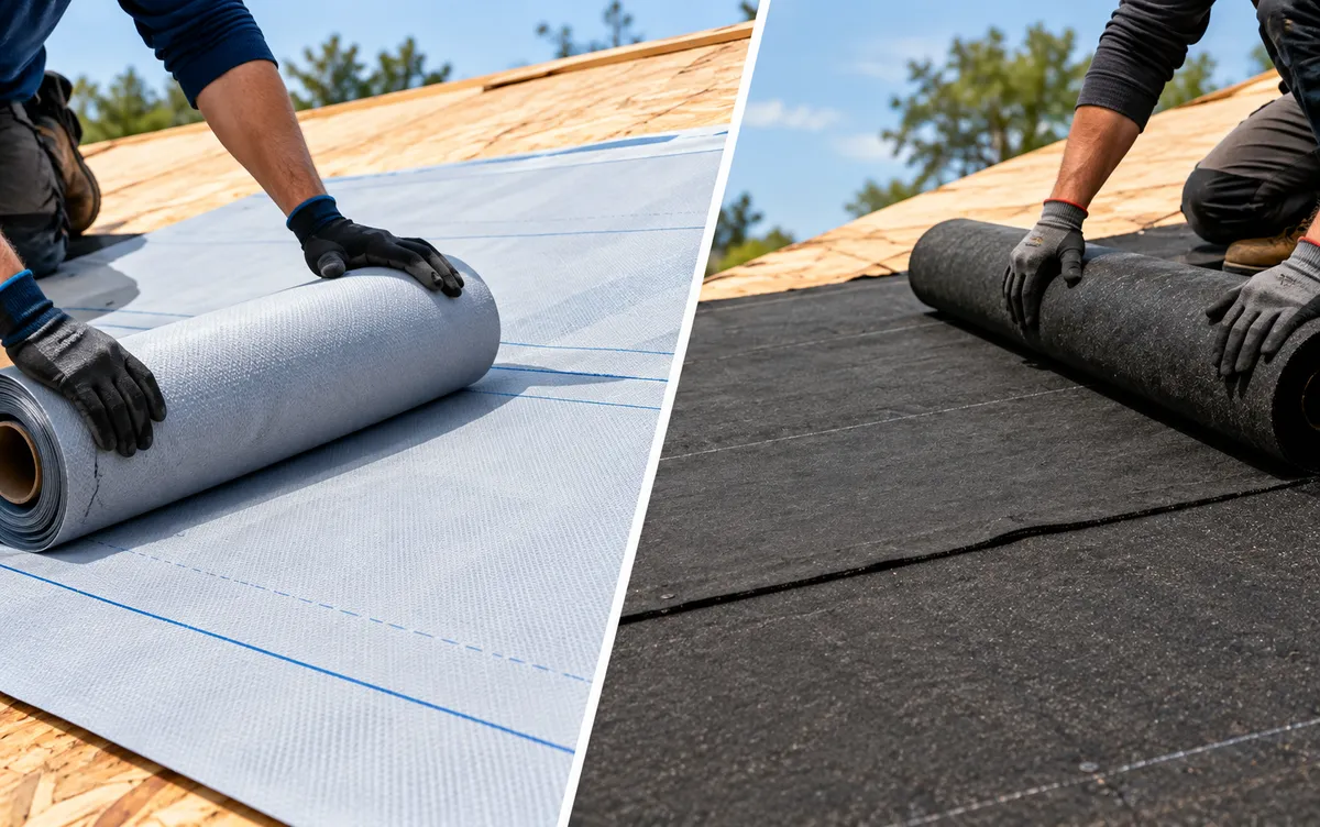 Roofing contractor comparing synthetic and felt underlayment materials installed on a wooden roof deck during roof construction.