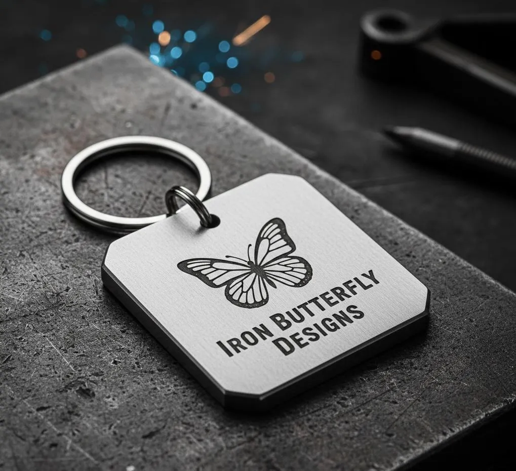 Collage of three finished custom items: metal keychain, engraved wooden coaster, and anodized aluminum tag arranged diagonally.