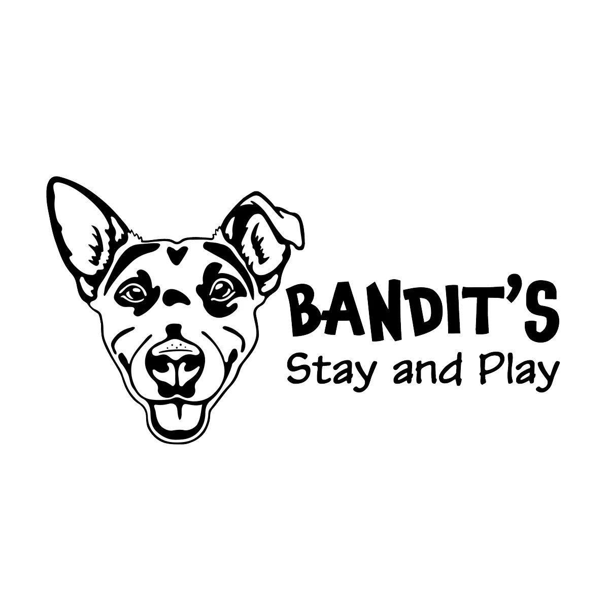 Bandit's Stay and Play Logo.  An illustrated image of a Australian Cattle Dog with the Words to the right Bandit's Stay and Play