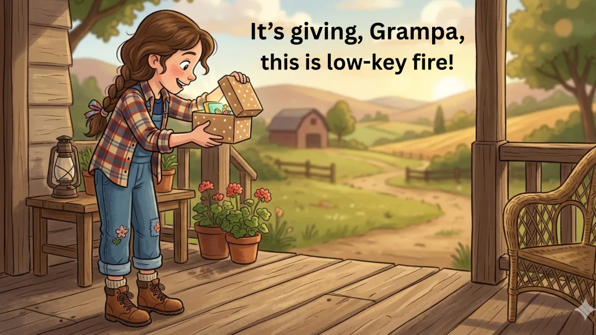  cartoon image of pre-teen girl looking into a gift box