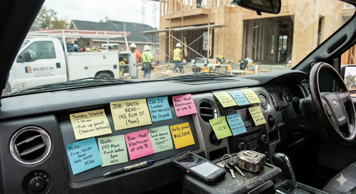Sticky notes on a contractor's truck dashboard