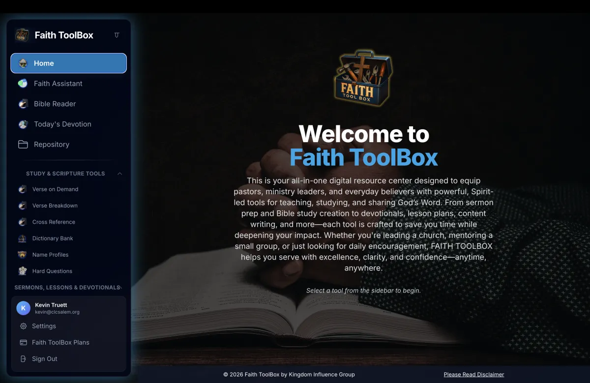 Faith ToolBox dashboard screenshot