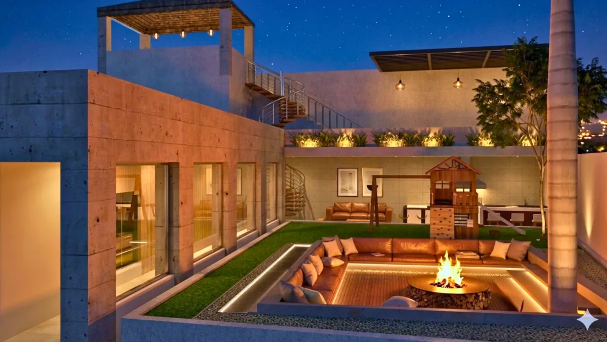 a modern living room with a large window