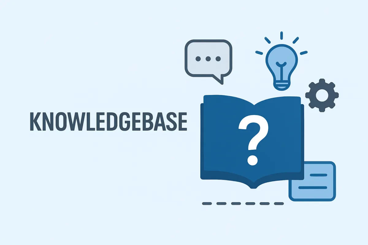 Knowledgebase graphic featuring an open book with a question mark, light bulb, chat bubble, and gear icons, symbolizing resources for managing smart websites and digital marketing services.