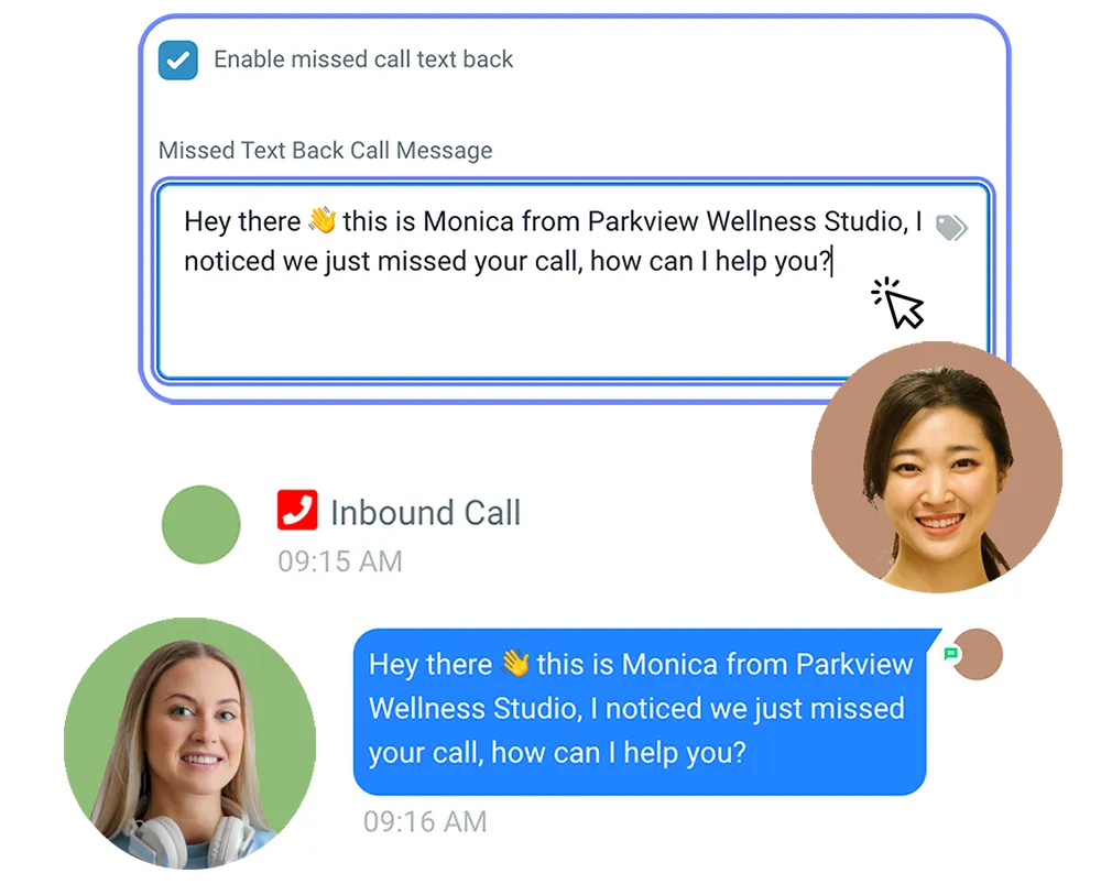 Missed call text back feature interface showing a message template for responding to missed calls, with a smiling woman and an inbound call notification.