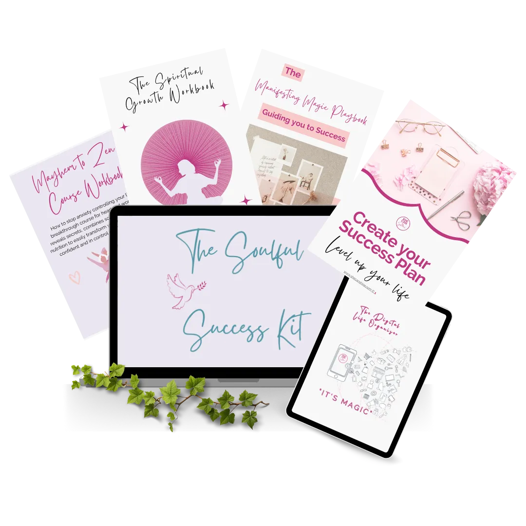 Pink background. plants and flowers with mock up of a computer and digital documents for an online course for women with ADHD