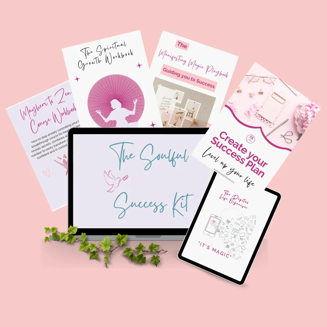Pink background. plants and flowers with mock up of a computer and digital documents for an online course for women with ADHD