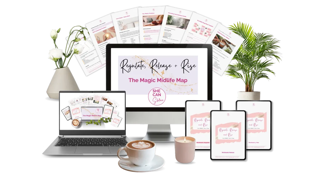 A mock up wit pink and purple mages of pages and a laptop with a cup of coffee and green leaves.