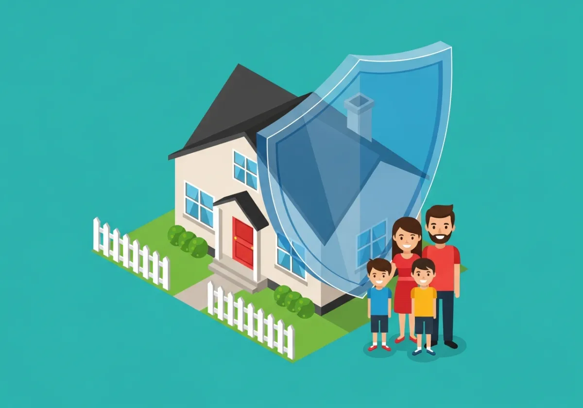 Family of three standing in front of their home protected by a mortgage protection insurance shield