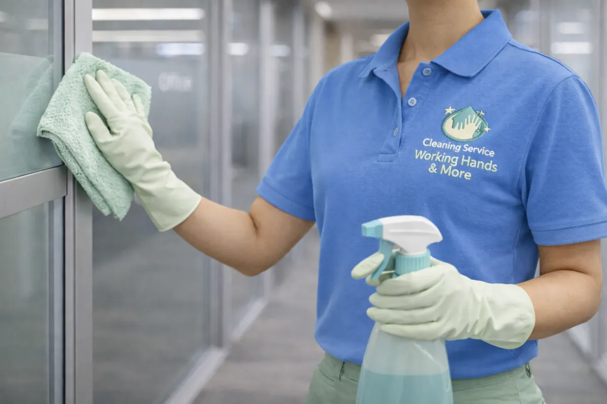 professional cleaner wiping the glass at the hallway