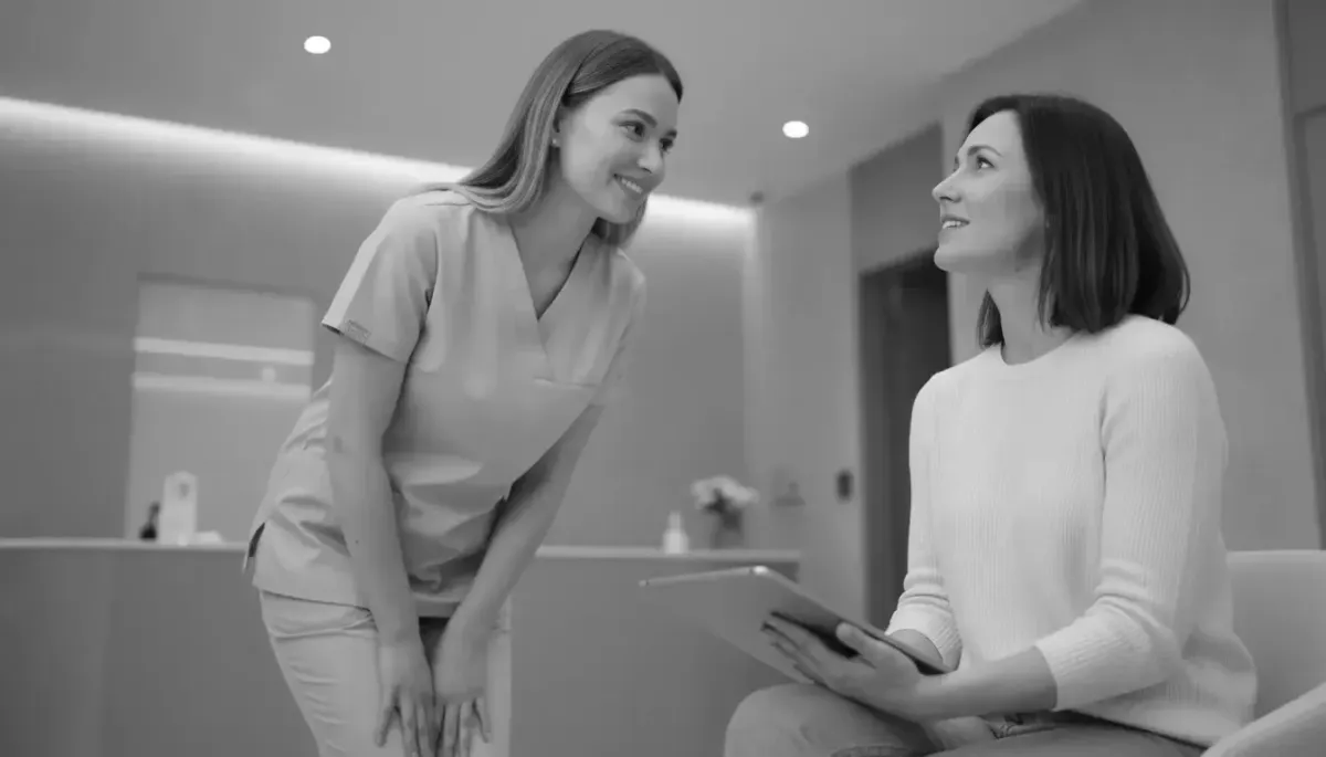  staff member in scrubs warmly assisting a client.