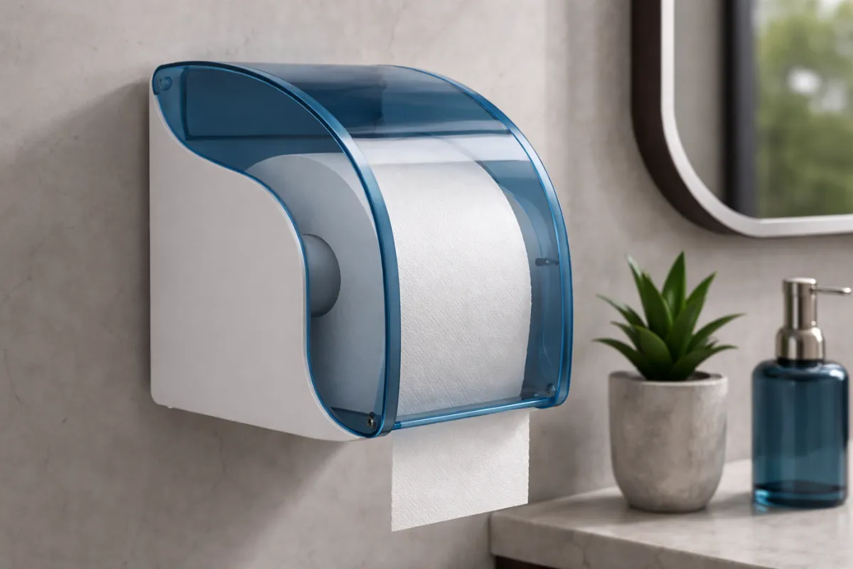 Clean bathroom with Dust Defense dispenser mounted on the wall. Caption: "Dust Defense — the upgrade your bathroom didn't know it needed."