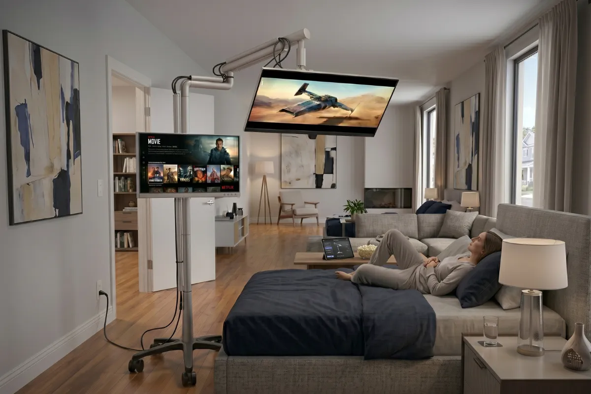 Person reclining on a couch with a monitor overhead via the Overhead Pro stand Caption: "The Overhead Pro — monitor freedom, wherever you want it."
