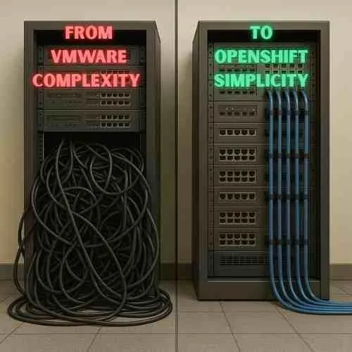 VMware replacement comparison showing messy legacy system vs modern Red Hat OpenShift Virtualization infrastructure by Wiki Labs Malaysia