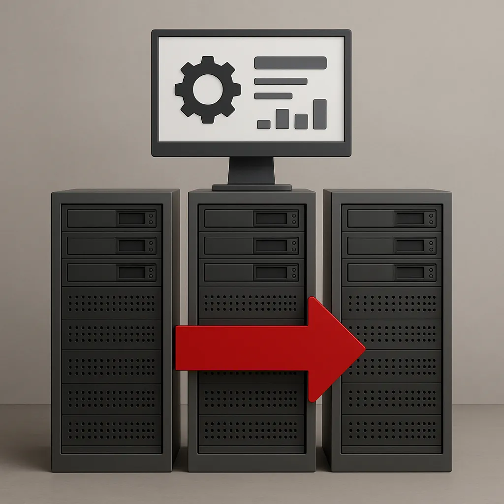 3D illustration of centralized management dashboard above servers, representing unified control of VMs and containers under Red Hat OpenShift Virtualization.