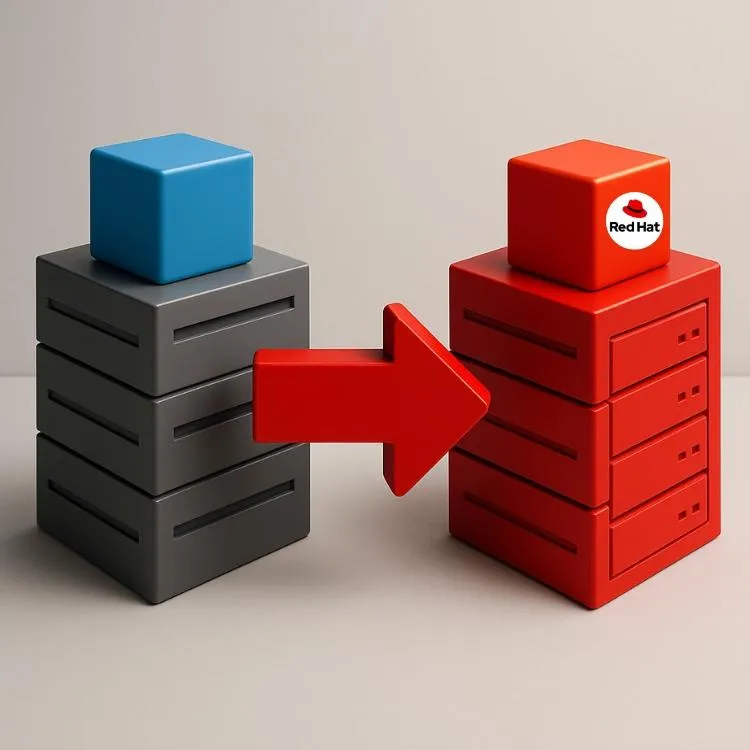 3D visual showing seamless migration from VMware servers to Red Hat OpenShift containers, connected by a red arrow symbolising smooth transition and modernization.