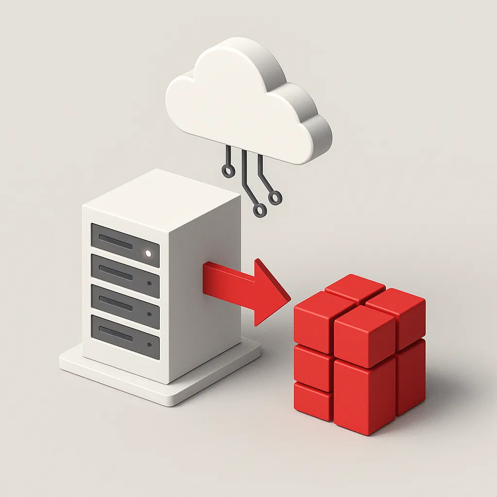 3D visual of modern cloud-connected servers and red container cubes symbolising a future-ready hybrid cloud platform powered by Red Hat OpenShift Virtualization.