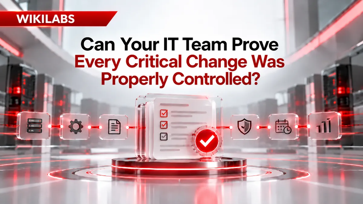 Wiki Labs article cover showing the headline “Can Your IT Team Prove Every Critical Change Was Properly Controlled?” above a futuristic IT governance workflow with servers, configuration, documentation, security, scheduling and reporting icons connected to a central approved checklist.