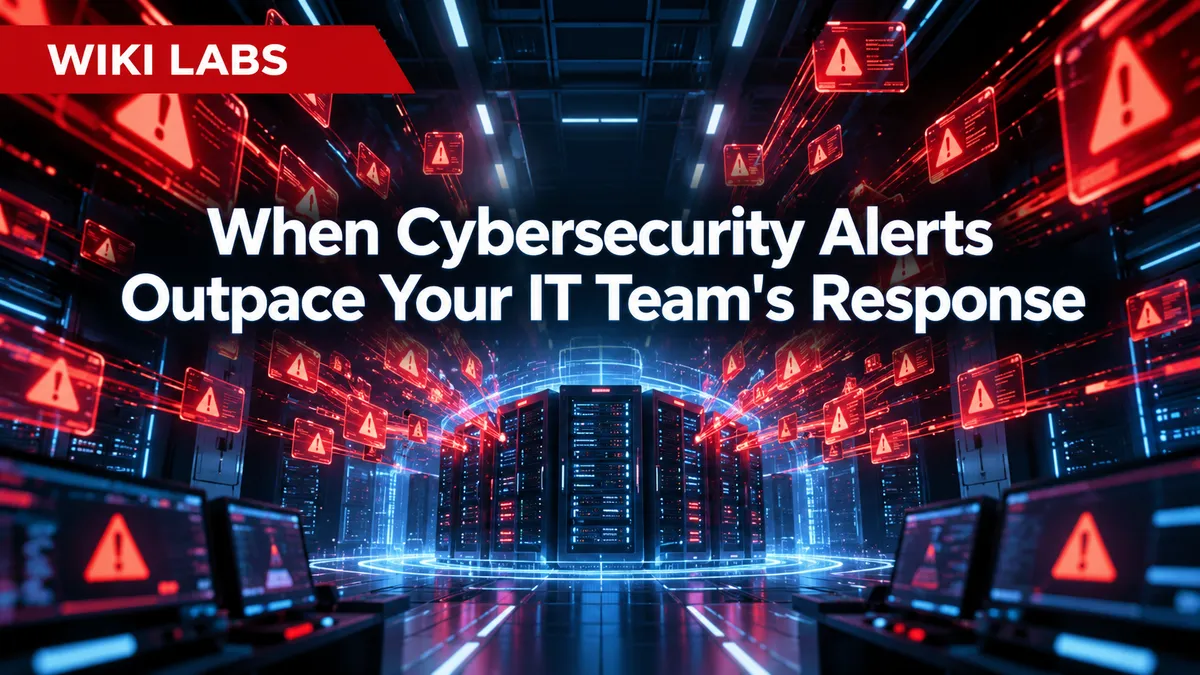 Wiki Labs article cover showing a data centre overwhelmed by red cybersecurity warning alerts surrounding server racks and monitoring screens, illustrating security alerts outpacing an IT team’s ability to respond.