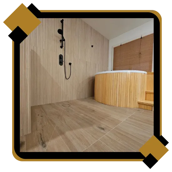 Olympian Tile bathroom remodel with bright tile and clean layout 