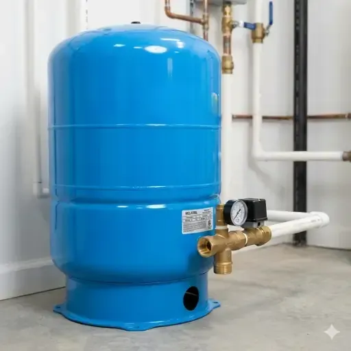 Professional installation of a blue high-performance well bladder tank and brass well tee assembly to maintain constant water pressure.