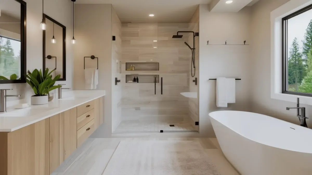 Luxury bathroom renovation featuring a freestanding tub and walk-in shower, made affordable through FTL plumbing financing in Barry County.