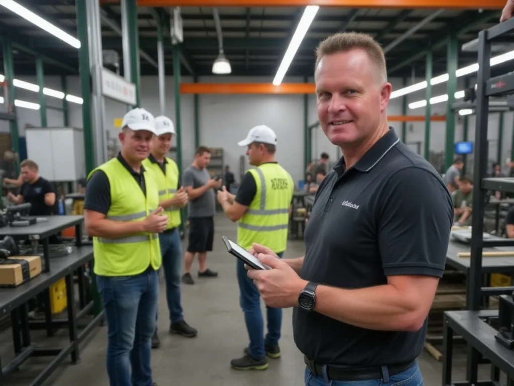 Preventiemedewerker inspecteert risico's in een fabriekshal met medewerkers