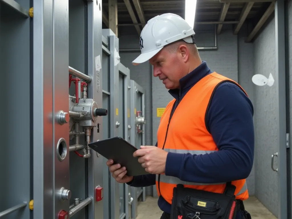 De keurmeester keurt een arbeidsmiddel op locatie