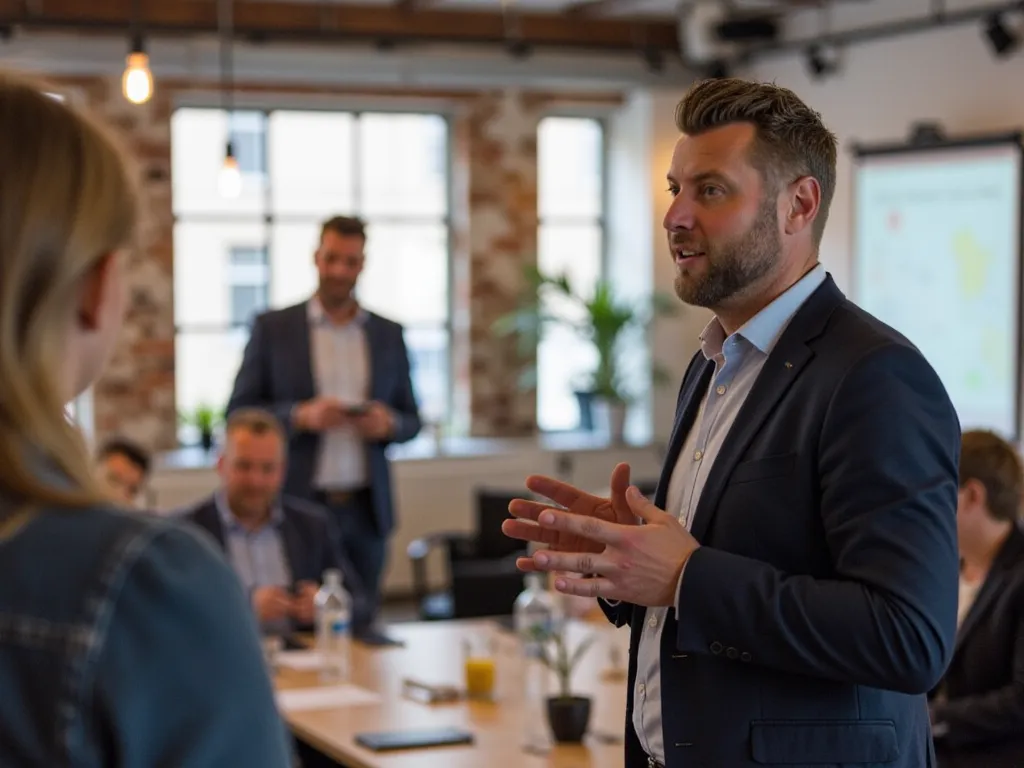Trainer in gesprek met zijn deelnemers over een training