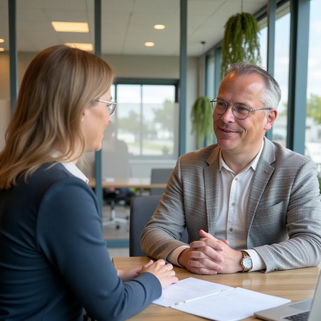 Casemanager in gesprek met een medewerker aan een tafel