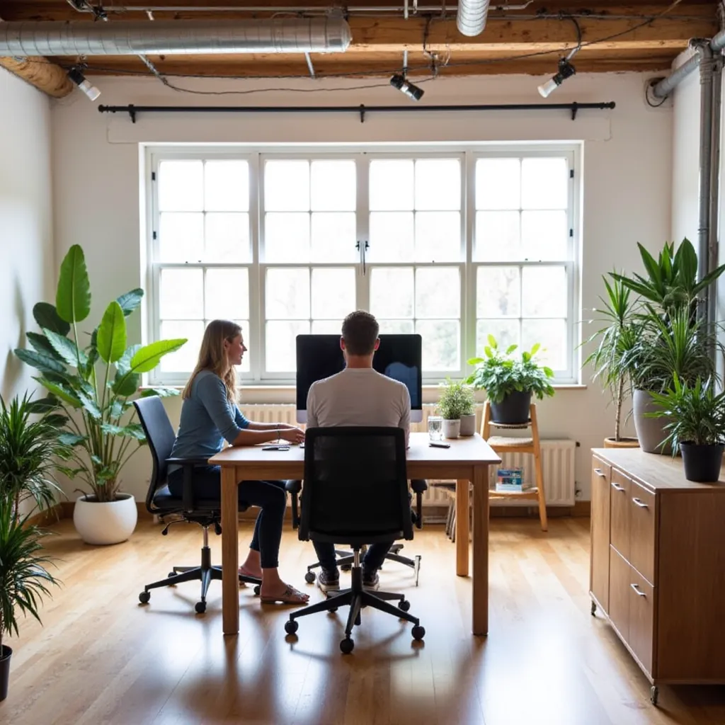 Een werkplek op kantoor met 2 medewerkers