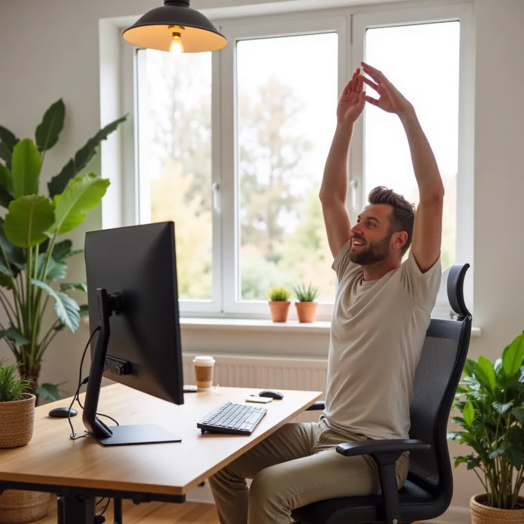 Een medewerker die een training gezond beeldscherm volgt op zijn werkplek op kantoor