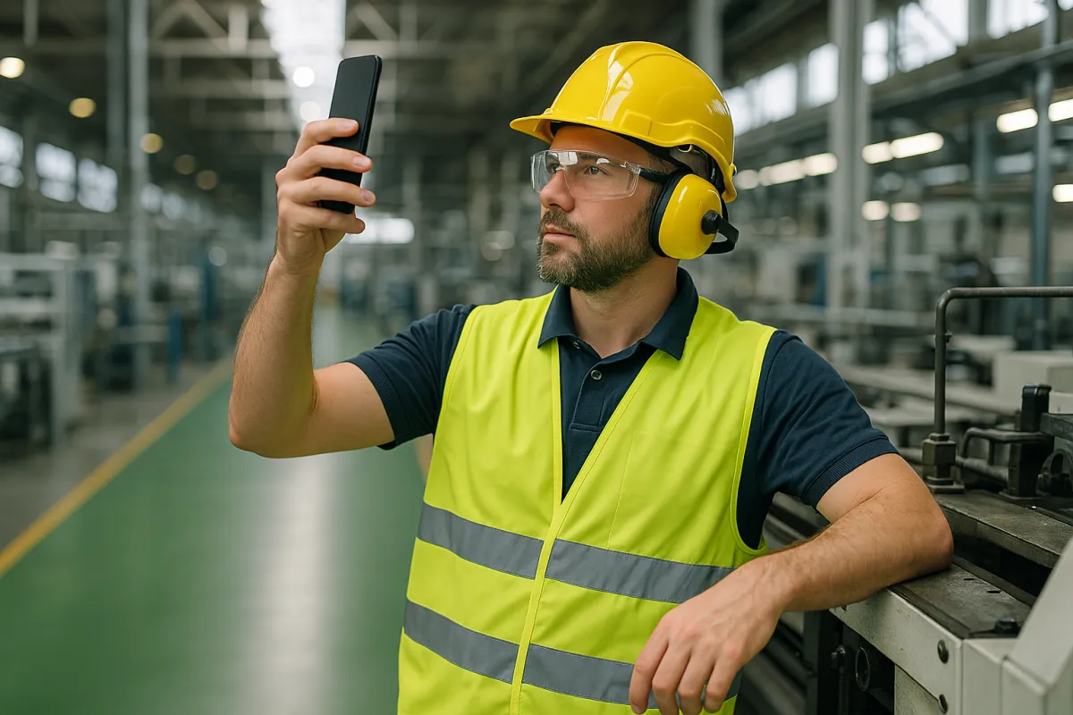medewerker volgt een training op zijn mobiele telefoon op zijn werkplek in de fabriek