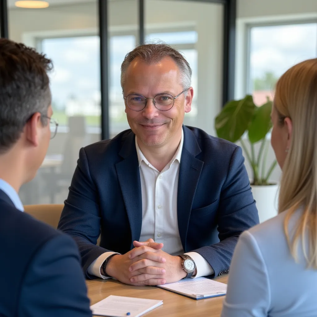 Casemanager in gesprek met 2 medewerkers op kantoorlocatie