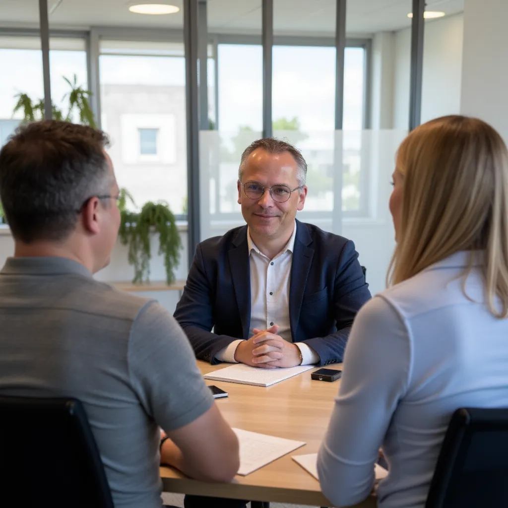 Een reintegratie medewerker in gesprek met 2 personen aan tafel op zijn kanoor