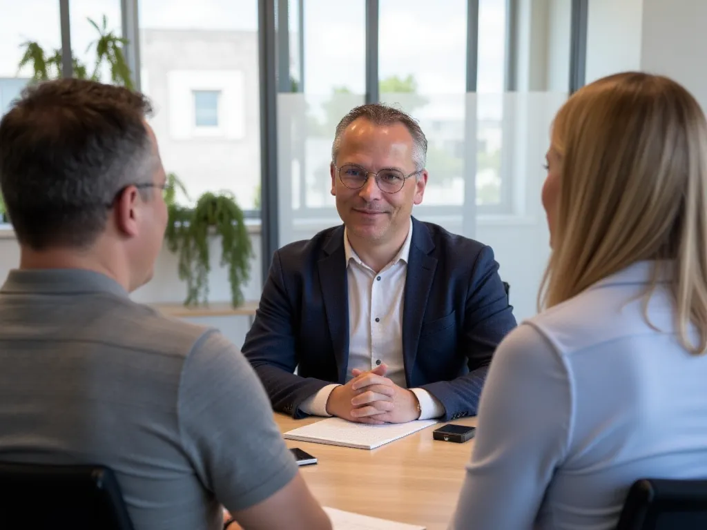 Reintegratiemedewerker in gesprek met medewerker en nieuwe werkgever