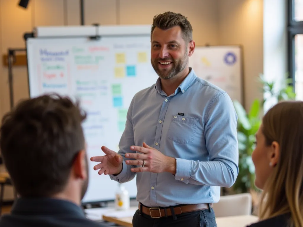 Trainer geeft een workshop aan een groep medewerkers over vitaliteit