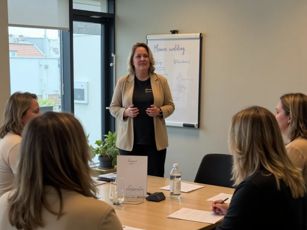 Vrouwelijke traner geeft een training vertrouwenspersoon aaneen groep deelnemers in een zaal