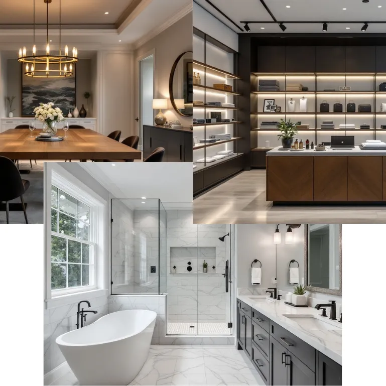 Collage of R.CS Contractors of Illinois projects, including a luxury dining room, modern retail space, and elegant bathroom renovation, showcasing expertise in residential and commercial renovations.